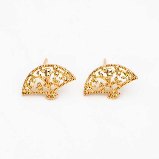 10pcs Gold/ Silver Tone Fan Shape Earrings, Gold/ Rhodium Plated Brass, Flower Fan Stud Earrings (#GB-4486)