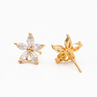 4pcs CZ Pave Flower Ear Posts 12mm, Real Gold Plated Brass Stud Earrings (#GB-314-B)