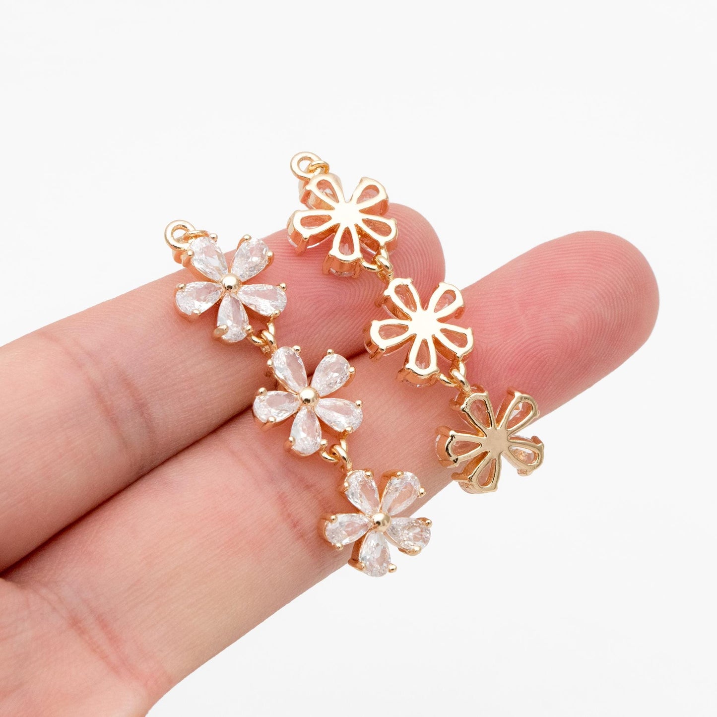 4pcs CZ Pave Gold Flower Pendants 45x11mm, Real Gold plated Brass, Lead Nickel Free (GB-3037-E)