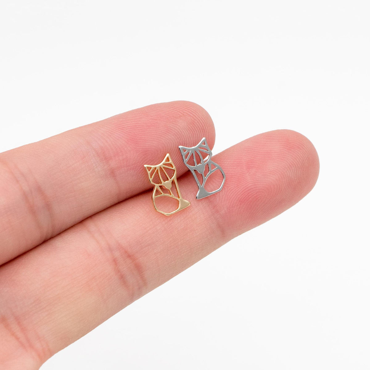10pcs Gold/ Silver Tone Hollow Fox Earrings, Gold/ Rhodium Plated Brass, Minimalist Animal Stud Earrings (GB-4498)