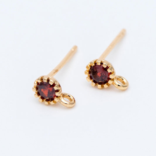 10pcs Red/ Emerald Rhinestone Ear Posts 4mm, CZ Stud Earring with Loops, 18K Gold plated Brass Ear Findings (#GB-781)