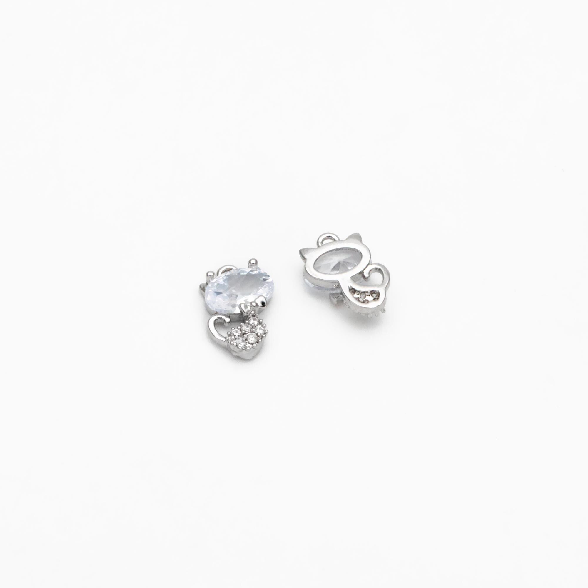 4pcs CZ Pave Gold/ Silver Tone Cat Charms, 18K Gold/ Rhodium plated Brass, Cute Animal Charms (GB-2074-A)