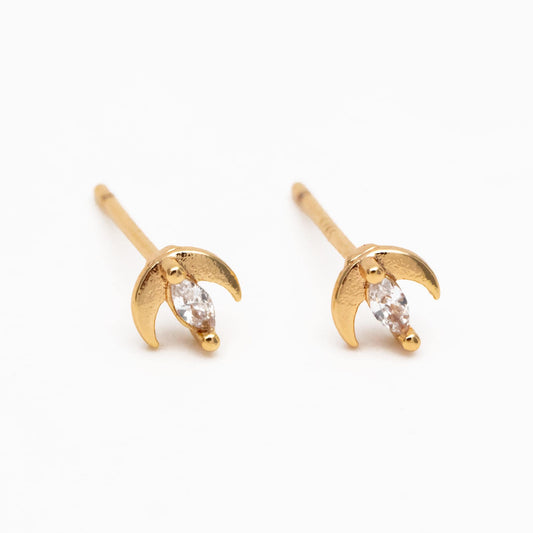 10pcs Gold/ Silver Tone Moon and Marquise CZ Earrings, Real Gold/ Rhodium Plated Brass Minimalist Stud Earrings (#GB-3041-B)