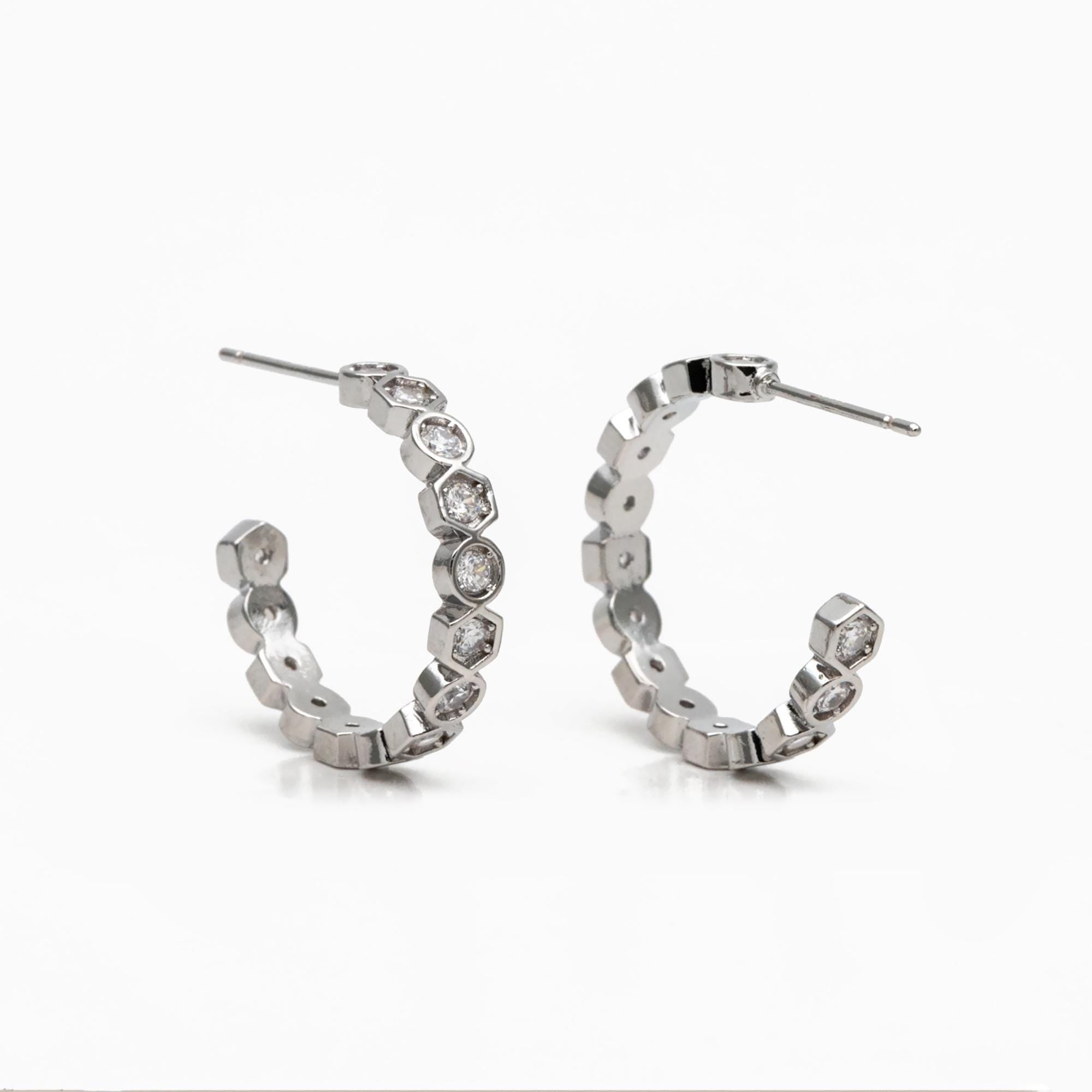 4pcs CZ Pave Gold/ Silver Round Circle Earrings, Gold/ Rhodium plated Brass, Geometric Hoop Stud Earrings (GB-4511)