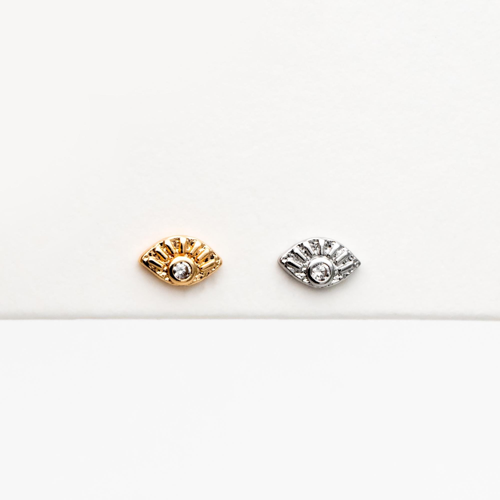 10pcs CZ Pave Gold/ Silver Tone Evil Eye Earrings, Real Gold/ Rhodium plated Brass, Dainty Eye Stud Earrings (GB-4521)