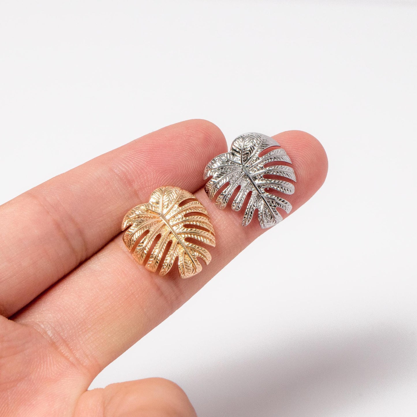 10pcs Gold/ Silver Tone Monstera Leaf Earrings, Real Gold/ Rhodium Plated Brass, Dainty Stud Earrings (GB-4564)