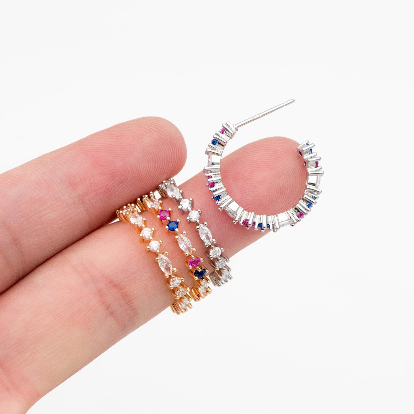 4pcs CZ Pave Gold/ Silver Round Circle Earrings, Gold/ Rhodium plated Brass, Geometric Hoop Stud Earrings (GB-4505)