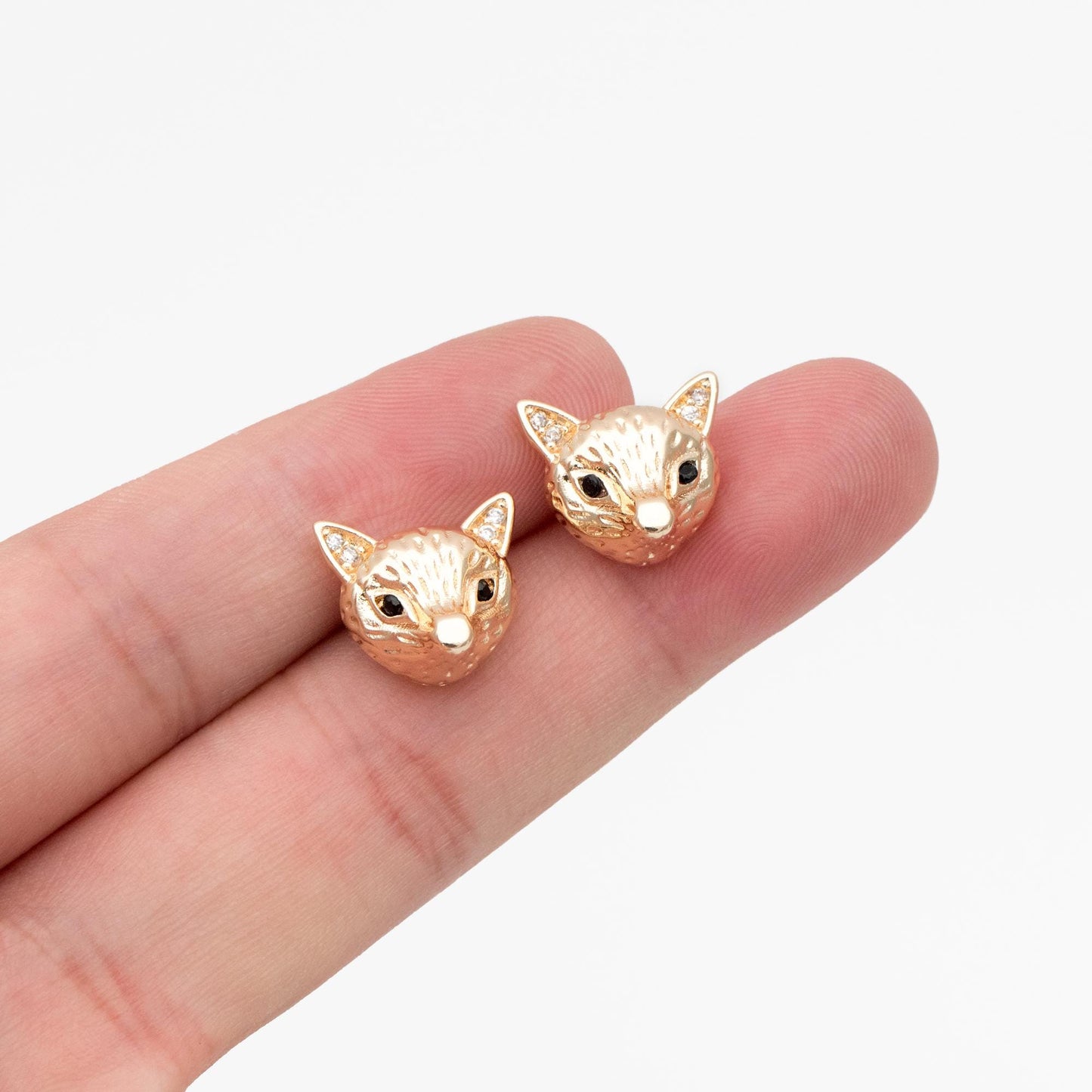 4pcs CZ Pave Gold Fox Head Earrings 12x14mm, Gold Plated Brass, Cute Animal Stud Earrings (GB-4529)