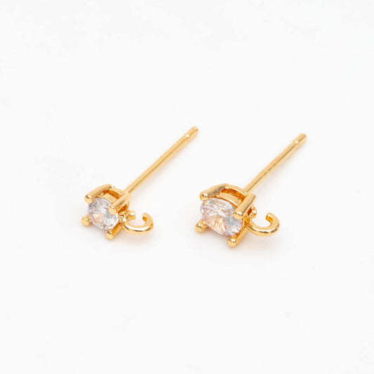 10pcs CZ Pave Ear Posts 3/ 4mm with Loops, Real Gold Plated Brass Stud Earrings, Sterling Silver Pin (#GB-313)