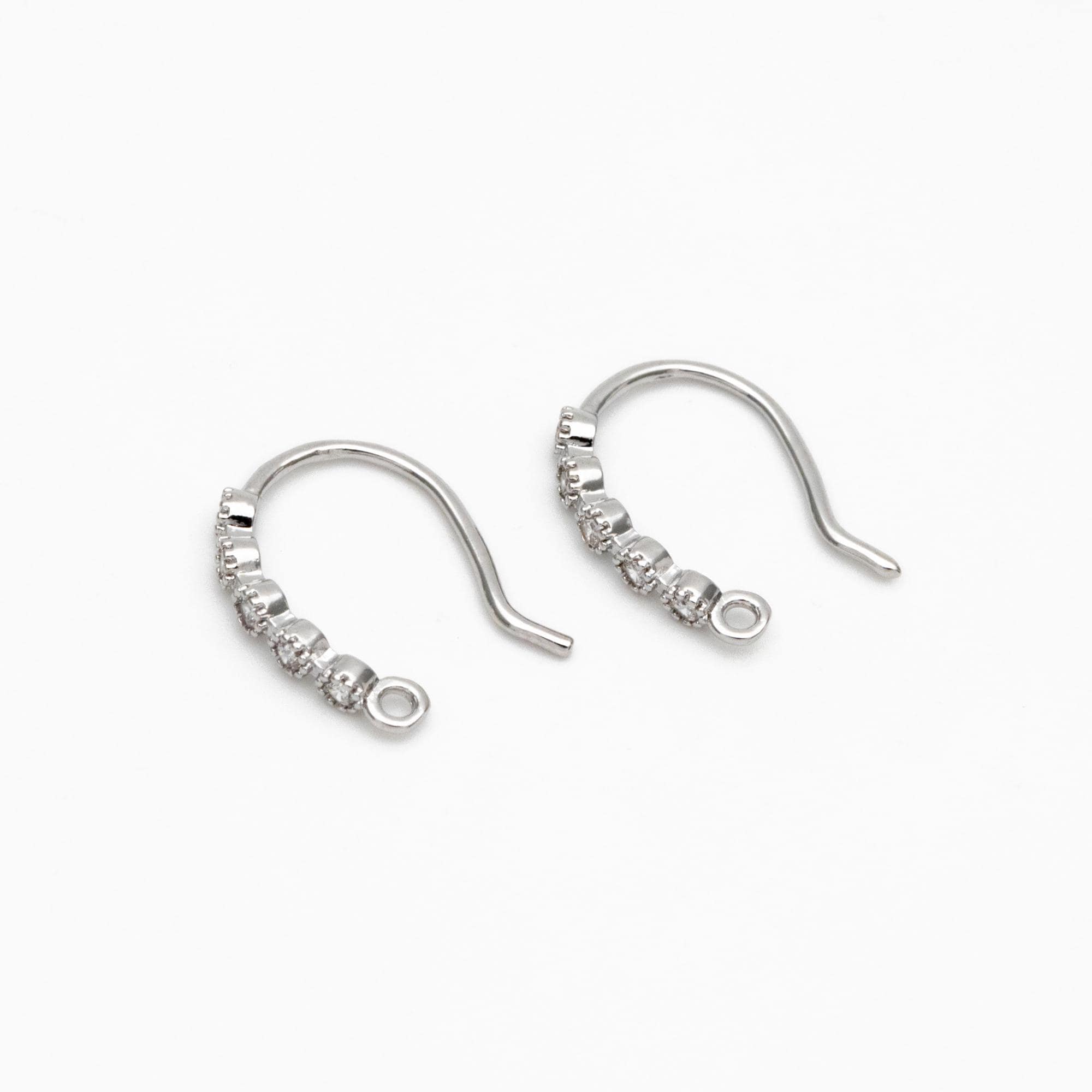 10pcs CZ Pave Gold/ Silver Earring Hooks 16x10mm, Real Gold/ Rhodium Plated Brass Earwires, Color Not Easily Tarnish (GB-317)