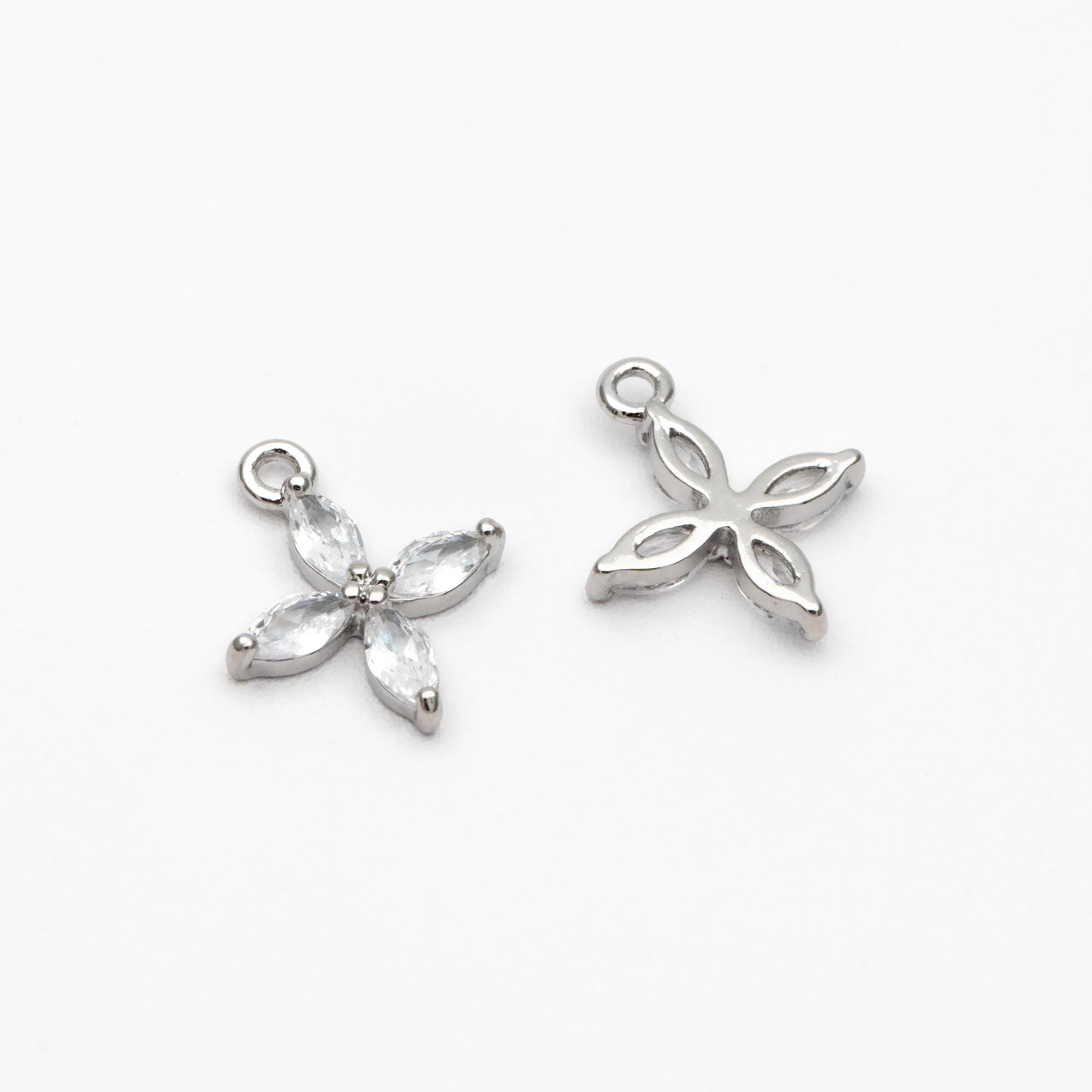 4pcs Gold CZ Flower Charm Pendants 10/ 14mm, Real Gold/ Rhodium plated Brass, Lead Nickel Free (GB-584-F)