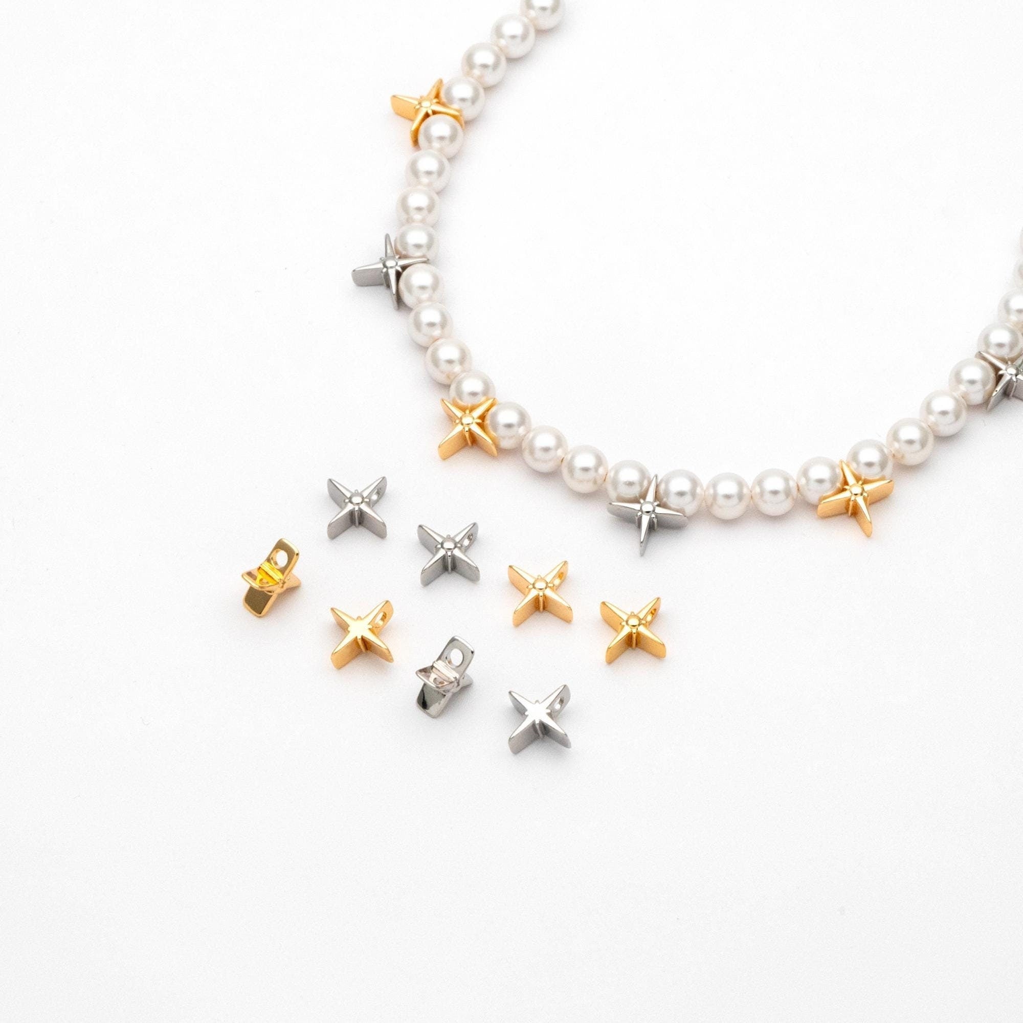 10pcs Gold/ Silver Tone North Star Charms 11mm, Gold/ Rhodium Plated Brass, Cross Star Pendant (GB-4469)