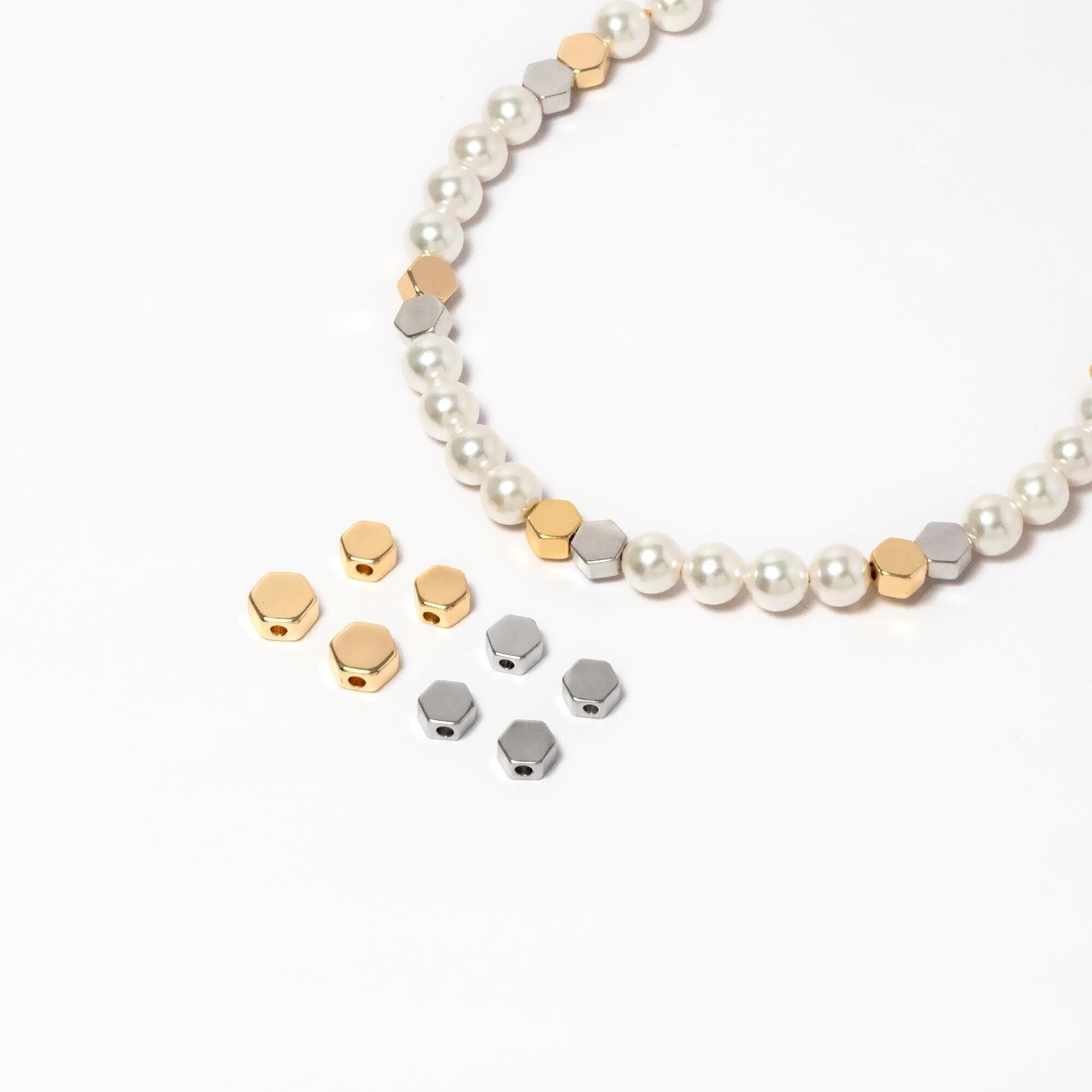 20pcs Gold/ Silver tone Hexagon Flat Spacer Beads 5/ 6mm, Gold/ Rhodium plated Brass Flat Spacer Beads (GB-118)