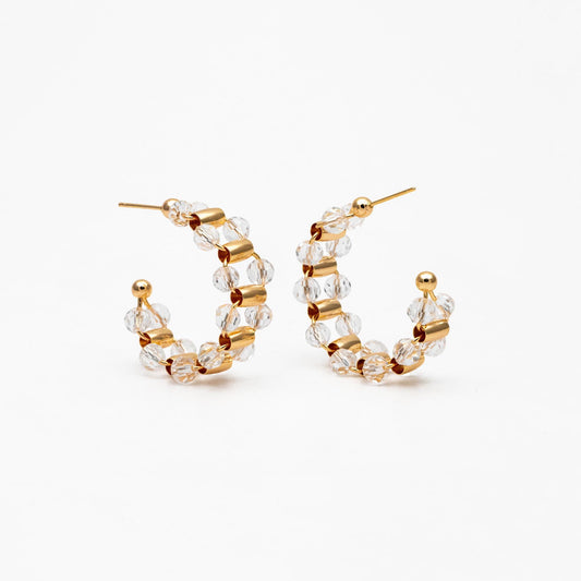 4pcs Gold/ Silver Tone C Shape Earrings, 18K Gold/ Rhodium plated Brass, Crystal Beaded Hoop Stud Earrings (GB-4543)