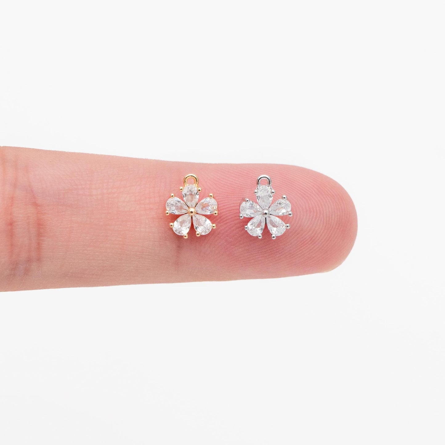 10pcs CZ Pave Gold/ Silver Tone Flower Charms 8x7mm, Real Gold/ Rhodium plated Brass, Dainty Earring Charms (GB-1762-H)