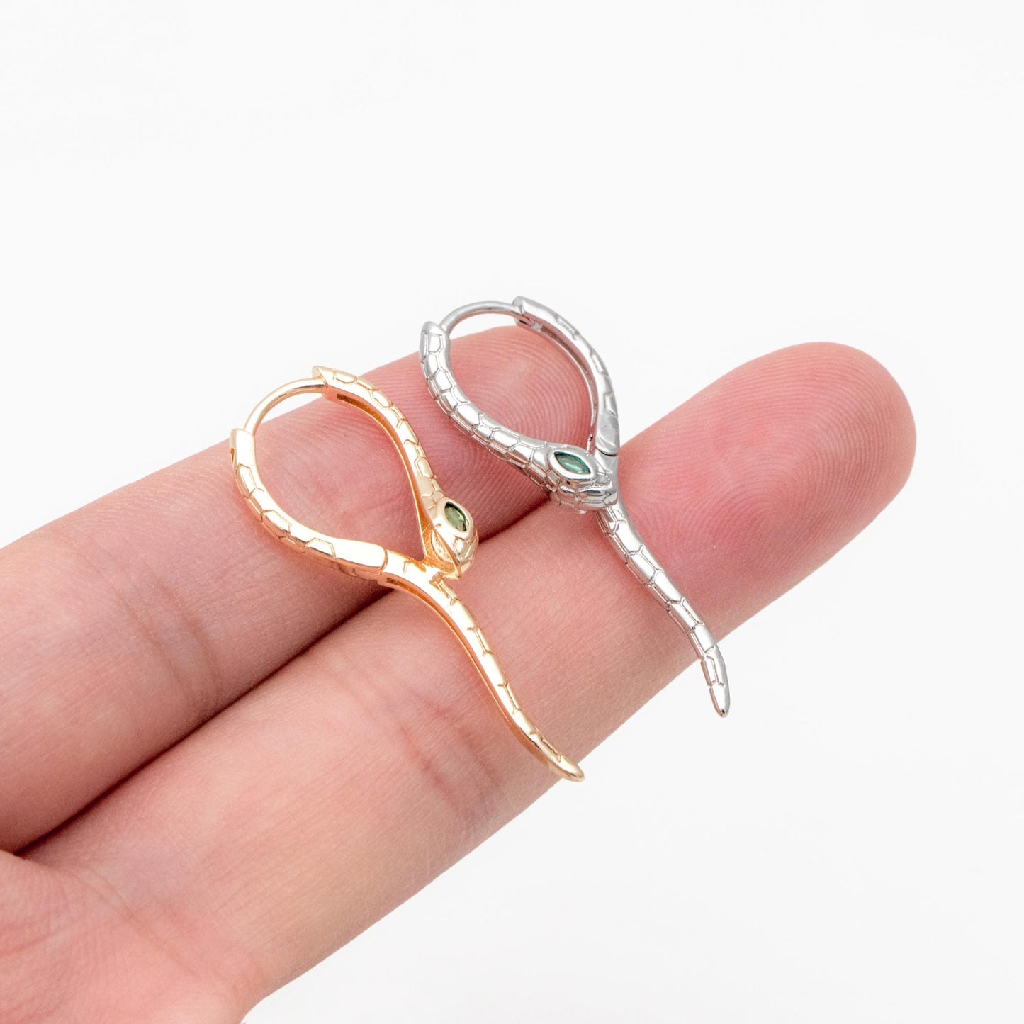 4pcs CZ Pave Gold/ Silver Tone Snake Hoop Earrings, Gold/ Rhodium plated Brass, Serpent Huggie Hoops (GB-4548)