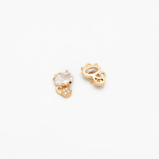 4pcs CZ Pave Gold/ Silver Tone Cat Charms, 18K Gold/ Rhodium plated Brass, Cute Animal Charms (GB-2074-A)