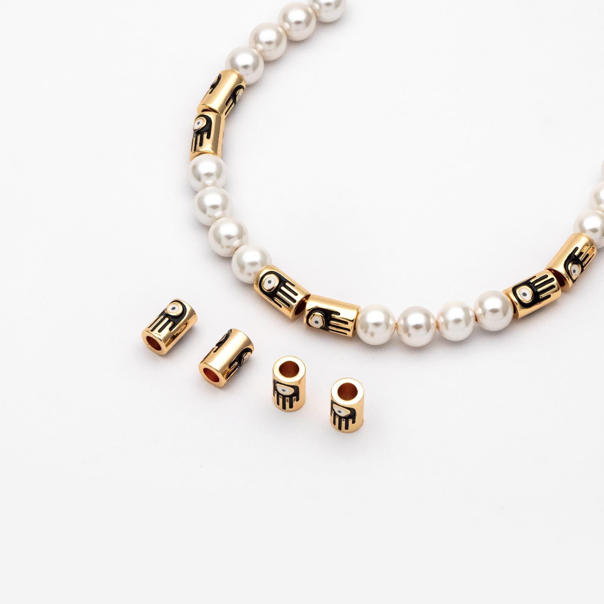 4pcs Gold Hamsa Hand Tube Spacer Beads 9x6mm, DIY Jewelry Making Supplies Wholesale (GB-2540)