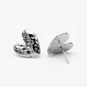 10pcs Gold/ Silver Hammered Heart Ear Post with Loop, Real Gold/ Rhodium plated Brass, Geometric Earring Studs (GB-3917)
