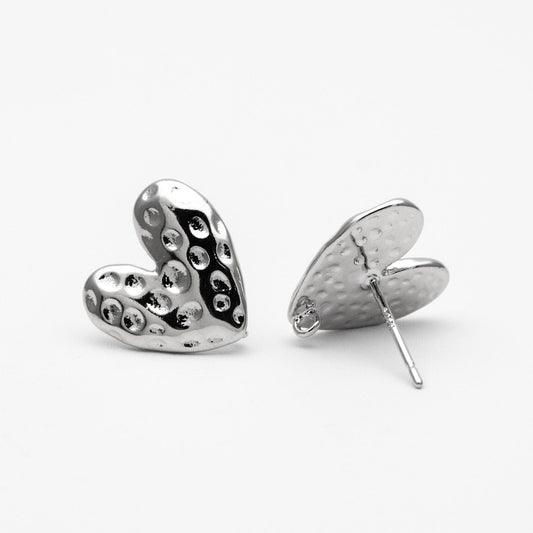 10pcs Gold/ Silver Hammered Heart Ear Post with Loop, Real Gold/ Rhodium plated Brass, Geometric Earring Studs (GB-3917)