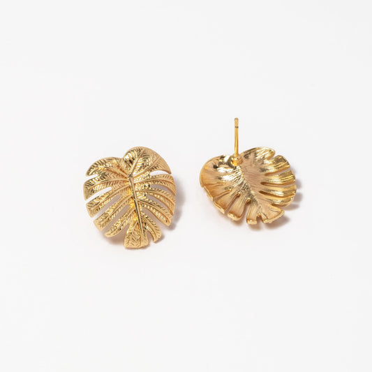 10pcs Gold/ Silver Tone Monstera Leaf Earrings, Real Gold/ Rhodium Plated Brass, Dainty Stud Earrings (GB-4564)