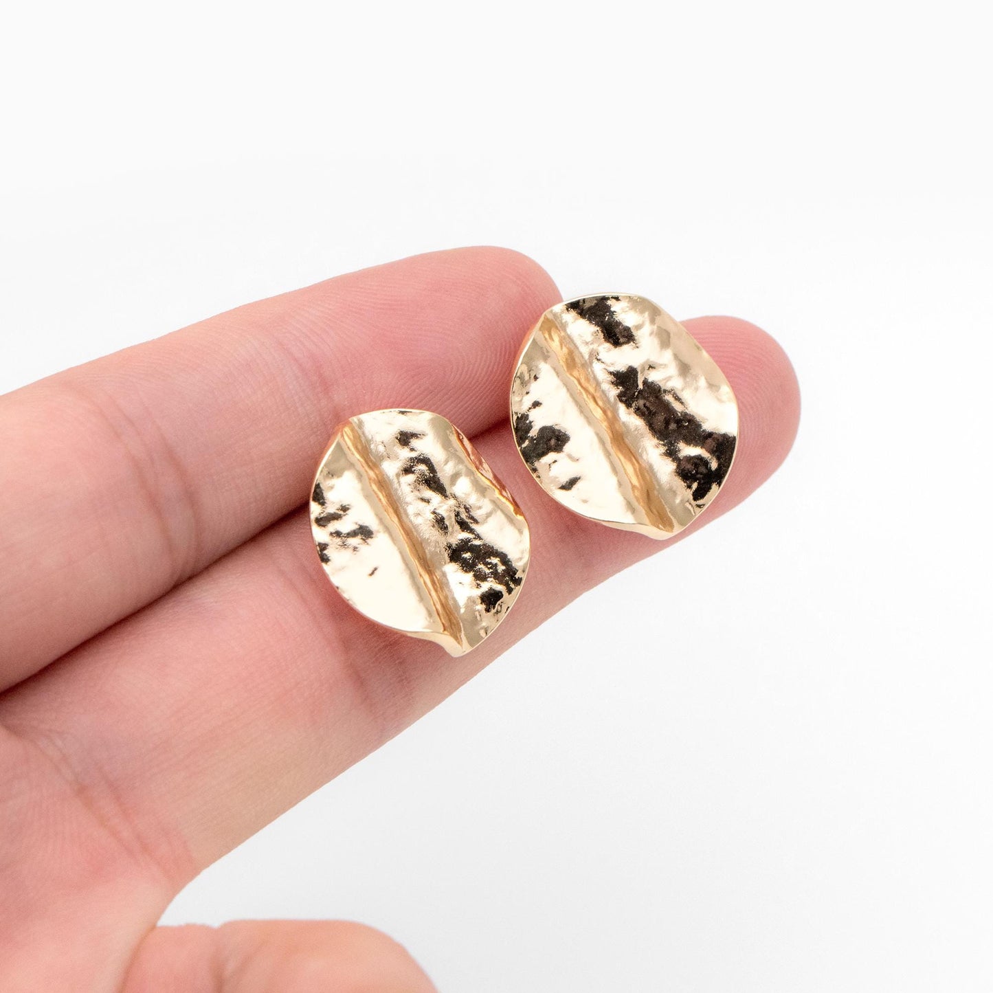 10pcs Gold Tone Waved Round Earrings, Real Gold plated Brass, Geometric Earring Studs (GB-4581)