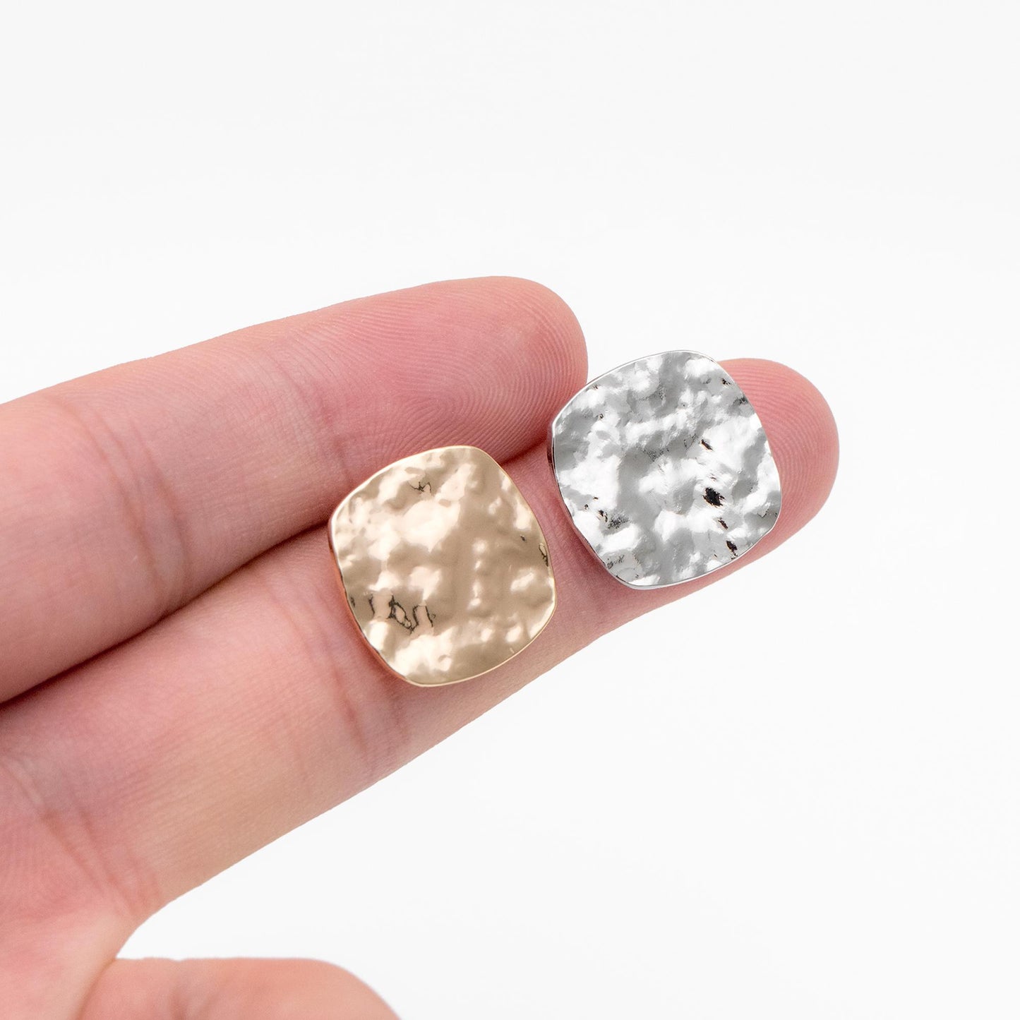 10pcs Gold/ Silver Hammered Square Earrings, Real Gold/ Rhodium plated Brass, Geometric Earring Studs (GB-4567-B)