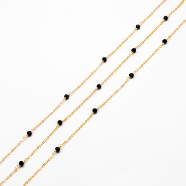 Glass Beaded Chain, 18K Gold plated Brass, 2mm Cable Chain with 4.5mm Black Glass Beads (#LK-618)/ 1 Meter=3.3ft