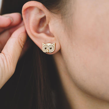 4pcs CZ Pave Gold/ Silver Tone Owl Earrings 11x14mm, Gold/ Rhodium Plated Brass, Bird Stud Earrings (GB-4513)