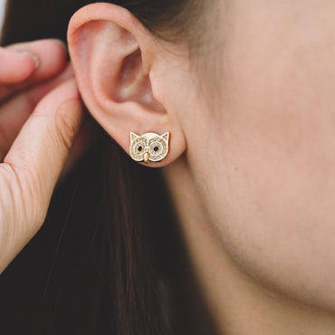 4pcs CZ Pave Gold/ Silver Tone Owl Earrings 11x14mm, Gold/ Rhodium Plated Brass, Bird Stud Earrings (GB-4513)