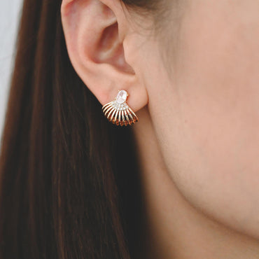 4pcs CZ Pave Gold/ Silver Tone Fan Shaped Earrings, Real Gold/ Rhodium Plated Brass, Fan Stud Earrings (#GB-4525)