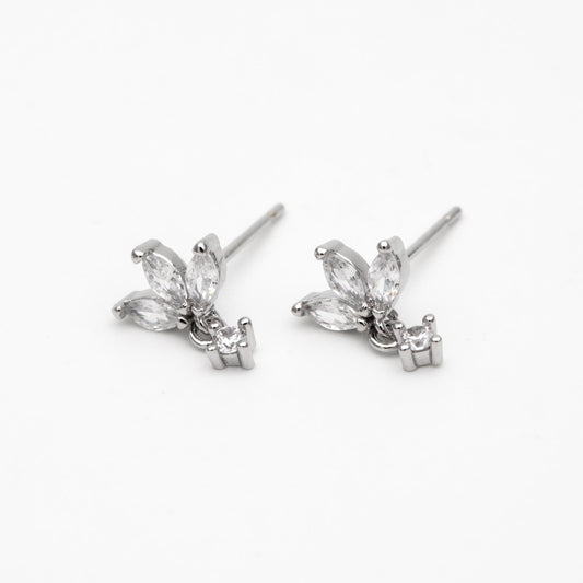 10pcs CZ Pave Gold/ Silver Leaf Earring Posts, Flower Earring, Gold/ Rhodium Plated Brass, Jewelry Supplies (GB-3397)