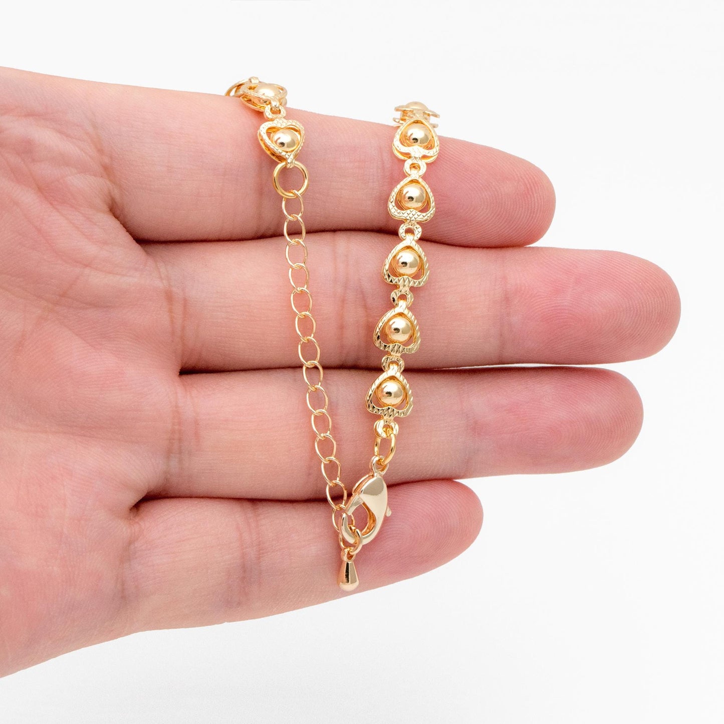 Gold Beaded Heart Chain 6mm, 18K Gold plated Brass, Finished Bracelet/ Anklet/ Necklace with Extender Chain, Ready to Wear (#LK-330)