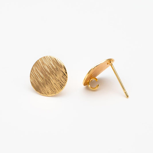 10pcs Brushed Gold/ Silver Ear Posts with Loops, 18K Gold/ Rhodium Plated Brass, Round Disc Geometric Earring Studs 12/15mm (GB-478)