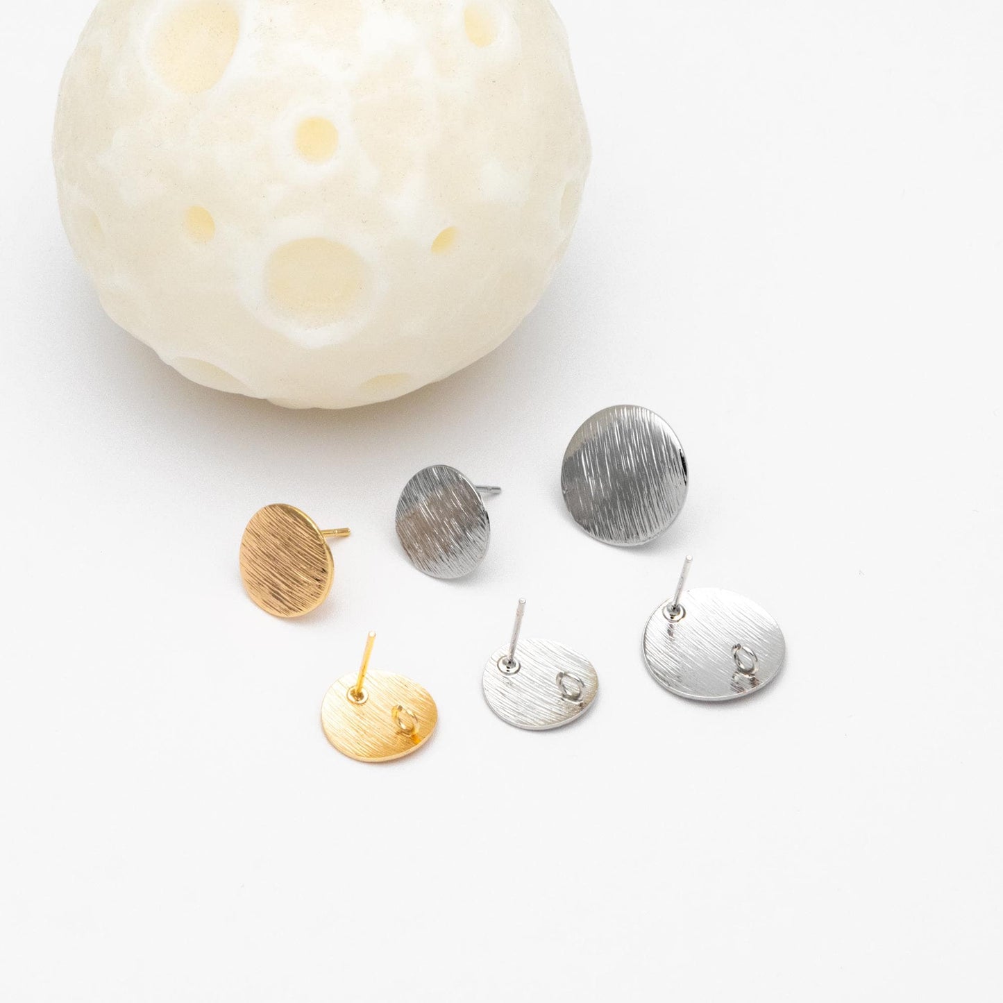 10pcs Brushed Gold/ Silver Ear Posts with Loops, 18K Gold/ Rhodium Plated Brass, Round Disc Geometric Earring Studs 12/15mm (GB-478)