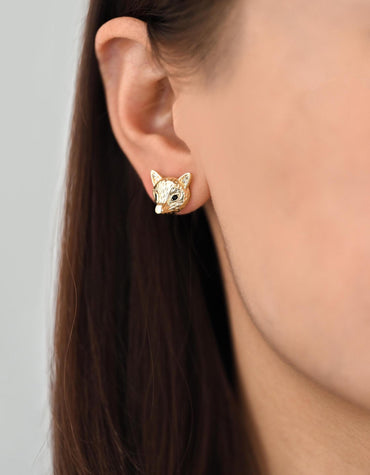 4pcs CZ Pave Gold Fox Head Earrings 12x14mm, Gold Plated Brass, Cute Animal Stud Earrings (GB-4529)