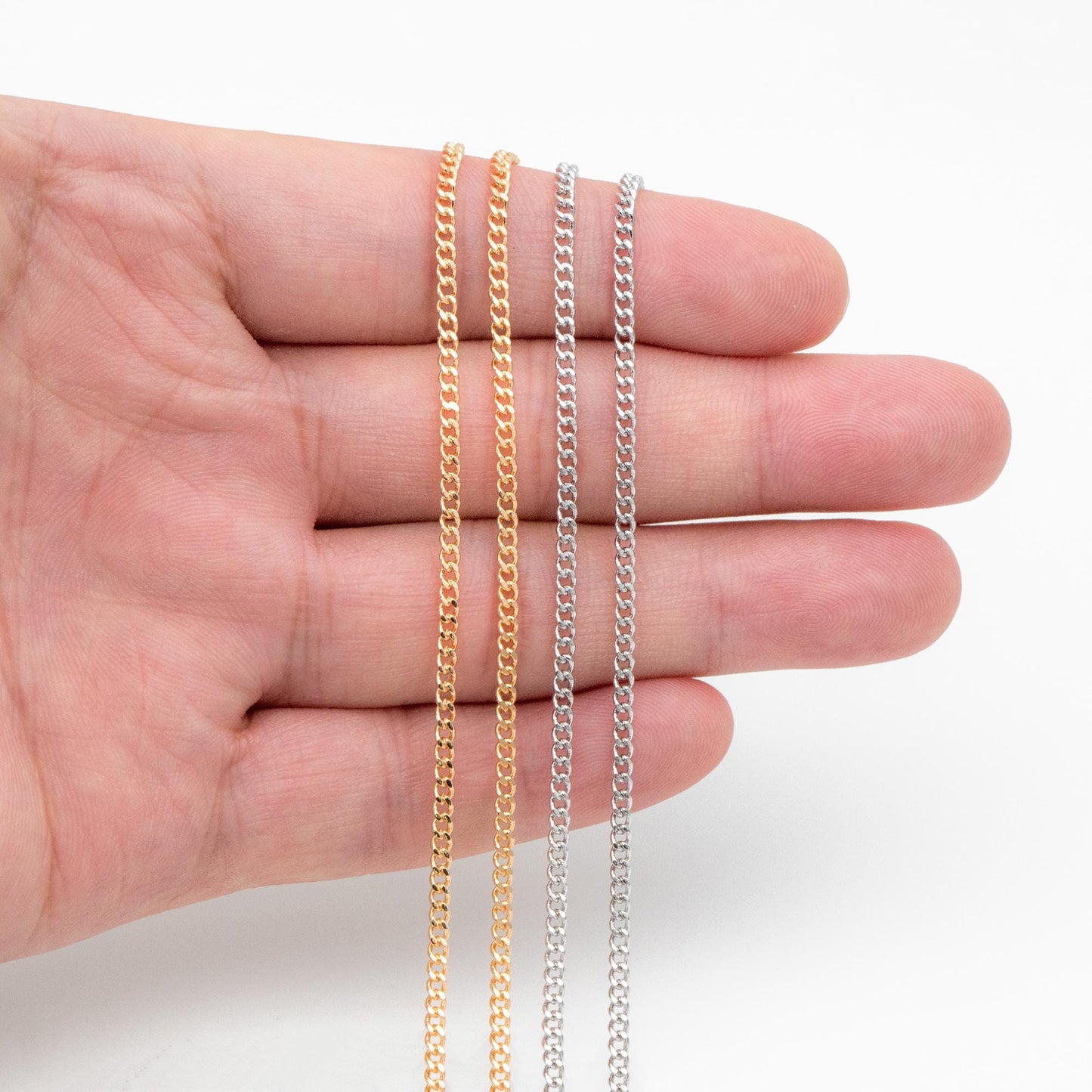 Gold/ Silver Tone Curb Chain 2mm, Gold/ Rhodium Plated Brass Chain, Strong Curb Chain Findings (#LK-447)/ 1 Meter=3.3 ft