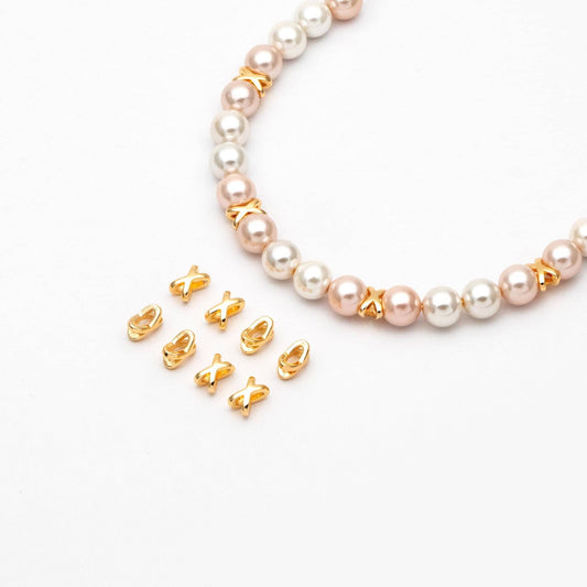 10pcs Gold X Shape Slider Spacer Beads, 8x5mm, 18K Gold plated Brass, Slider Bead for Leather Cord or Bracelet (GB-4277)