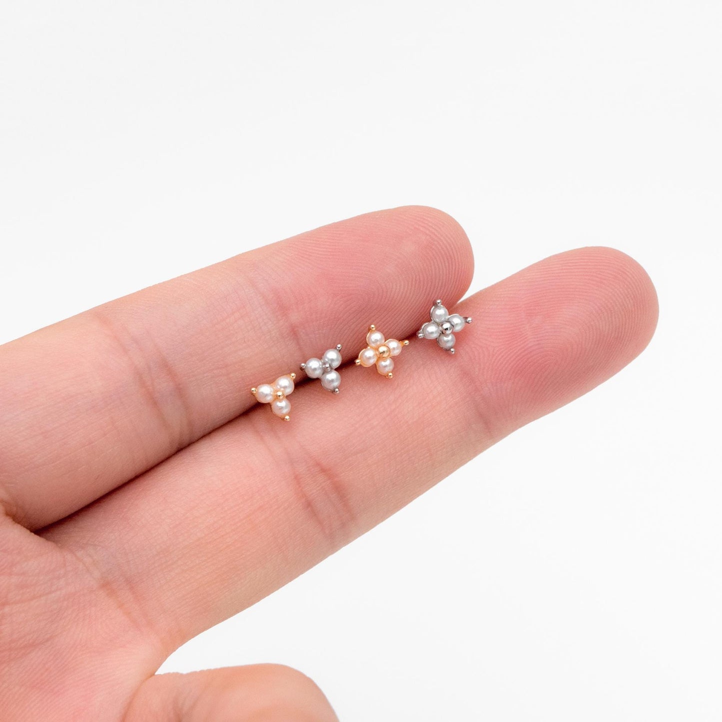 10pcs Faux Pearl Pave Gold/ Silver Tone Flower Earrings, Gold/ Rhodium Plated Brass Tiny Stud Earring (#GB-4593)