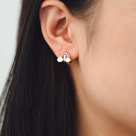 4pcs Gold Enamel Rainbow Cloud Hoop Earrings, 18K Gold plated Brass, Minimalist Huggie Earrings (GB-3855)