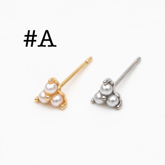 10pcs Faux Pearl Pave Gold/ Silver Tone Flower Earrings, Gold/ Rhodium Plated Brass Tiny Stud Earring (#GB-4593)