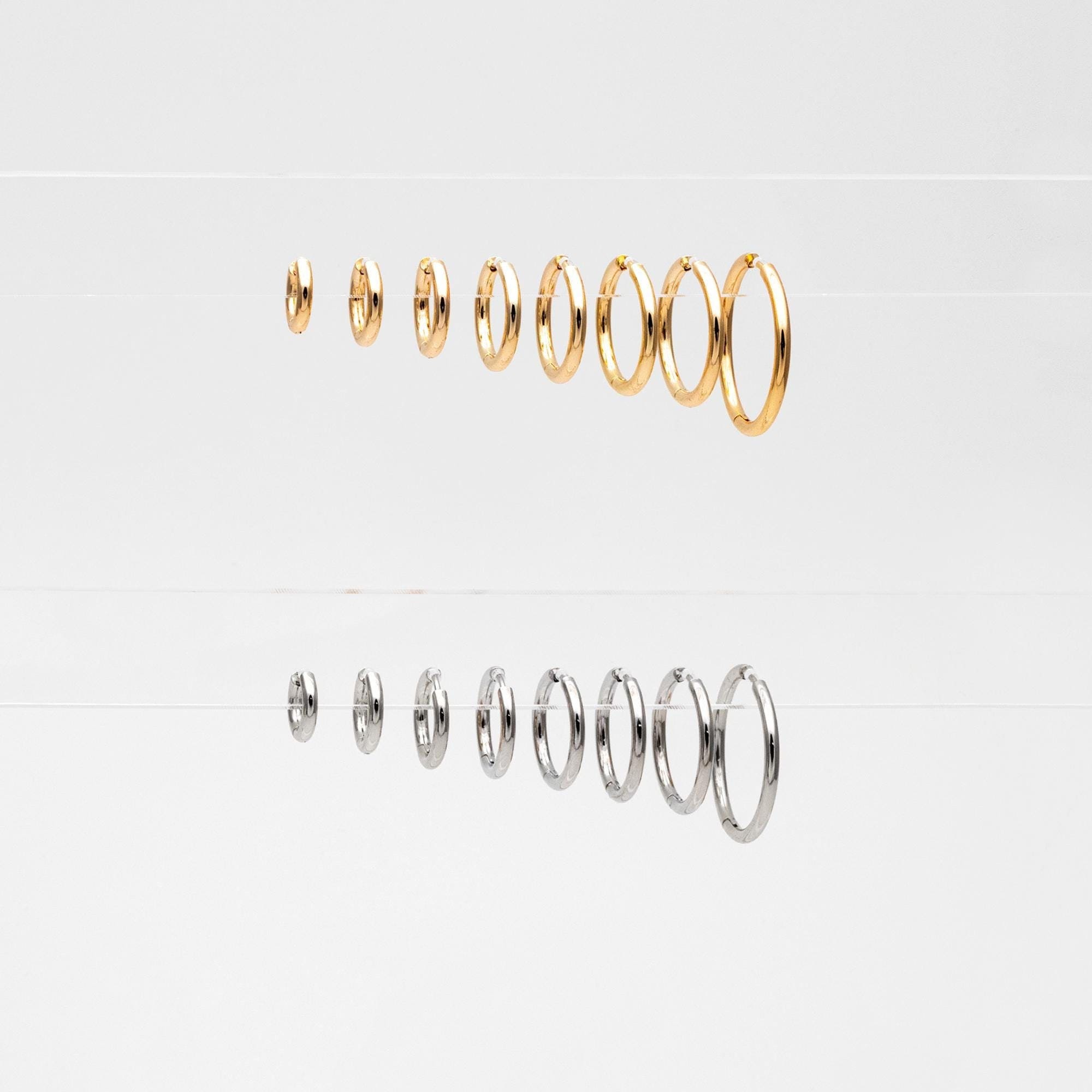 10pcs Gold/ Silver Tone Huggie Earrings, 2.5mm thick, 13/ 15/ 17/ 19/ 21 /23 /25 /30mm, Stainless Steel Hoops (GB-2191)
