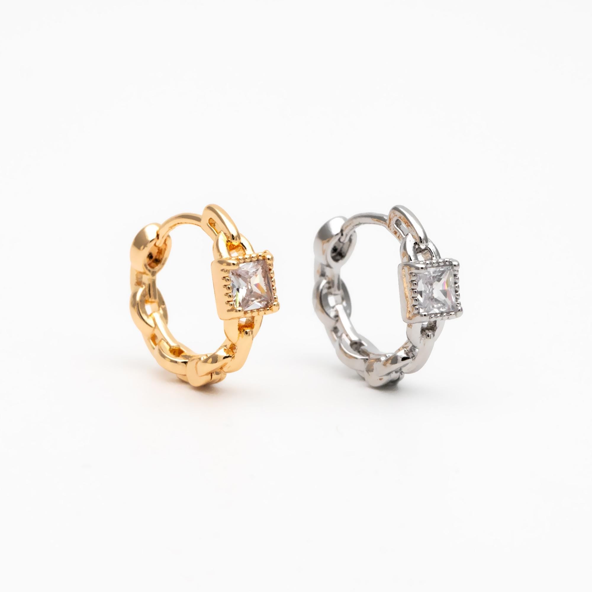 4pcs CZ Pave Gold/ Silver Tone Chain Hoop Earrings, 18K Real Gold/ Rhodium plated Brass, Huggie Earrings, Chain Earrings (GB-3020-B)