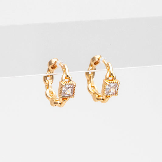 4pcs CZ Pave Gold/ Silver Tone Chain Hoop Earrings, 18K Real Gold/ Rhodium plated Brass, Huggie Earrings, Chain Earrings (GB-3020-B)