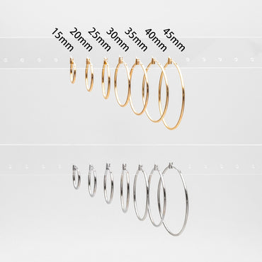 10pcs Gold/ Silver Tone Hoop Earrings, Size 15/ 20/ 25/ 30/ 35/ 40/ 45mm by 1.5mm Thick, Huggie Minimalist Earrings (GB-2812)