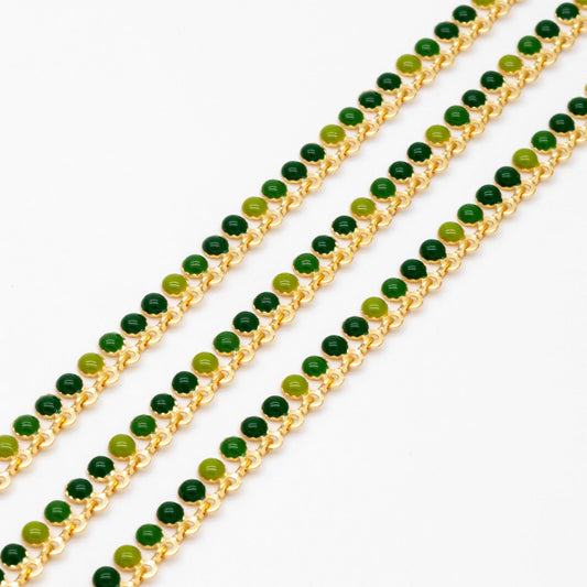 Purple / Green Enamel Beaded Chain 6mm, 18K Gold plated Brass, Quality Bead Chain Wholesale (#LK-619)/ 1 Meter=3.3ft