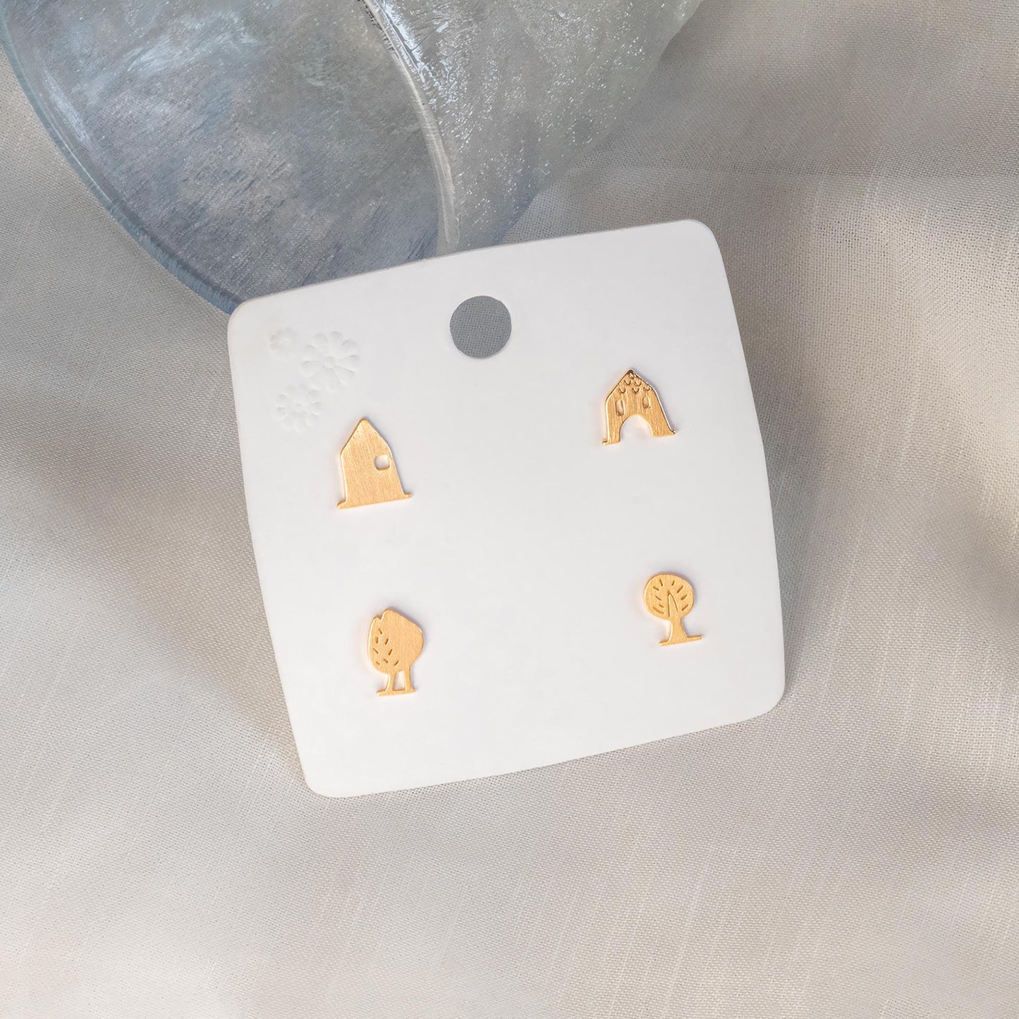 10pcs Gold House/ Tree Stud Earrings: 18K Gold Plated Brass (GB-4549)