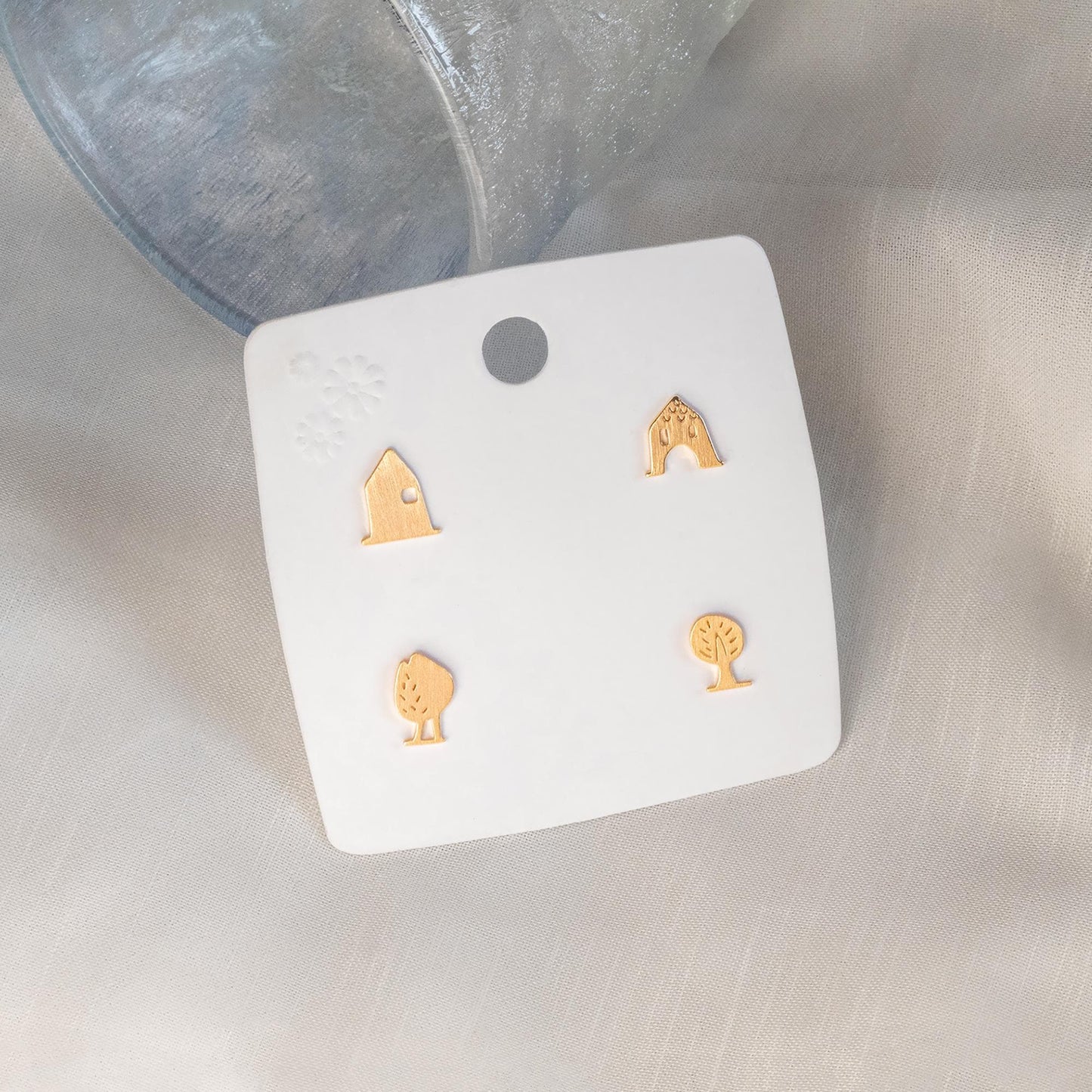 Gold House Tree Stud Earrings Set of 4, Brushed Matte Minimalist Earrings, Cute Tiny Earrings, Gift for Her (GB-4549)