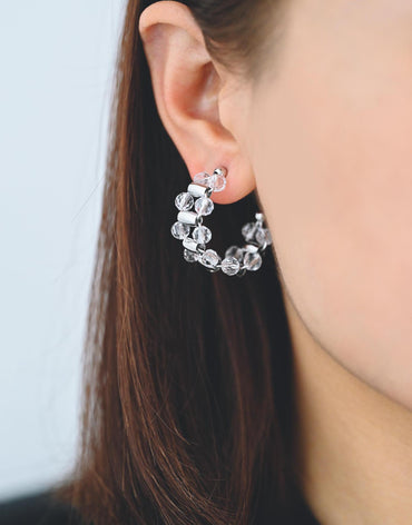 4pcs Gold/ Silver Tone C Shape Earrings, 18K Gold/ Rhodium plated Brass, Crystal Beaded Hoop Stud Earrings (GB-4543)