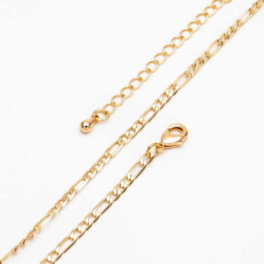 Gold Delicate Flat Figaro Chains 2.5/ 3.5mm, Finished Bracelet/ Anklet/ Necklace with Extender Chain, Ready to Wear (#LK-355)